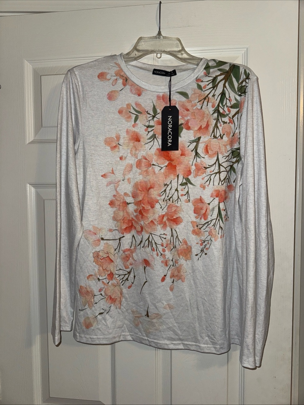 Noracora White Long-Sleeve Floral Tee with Peach Print